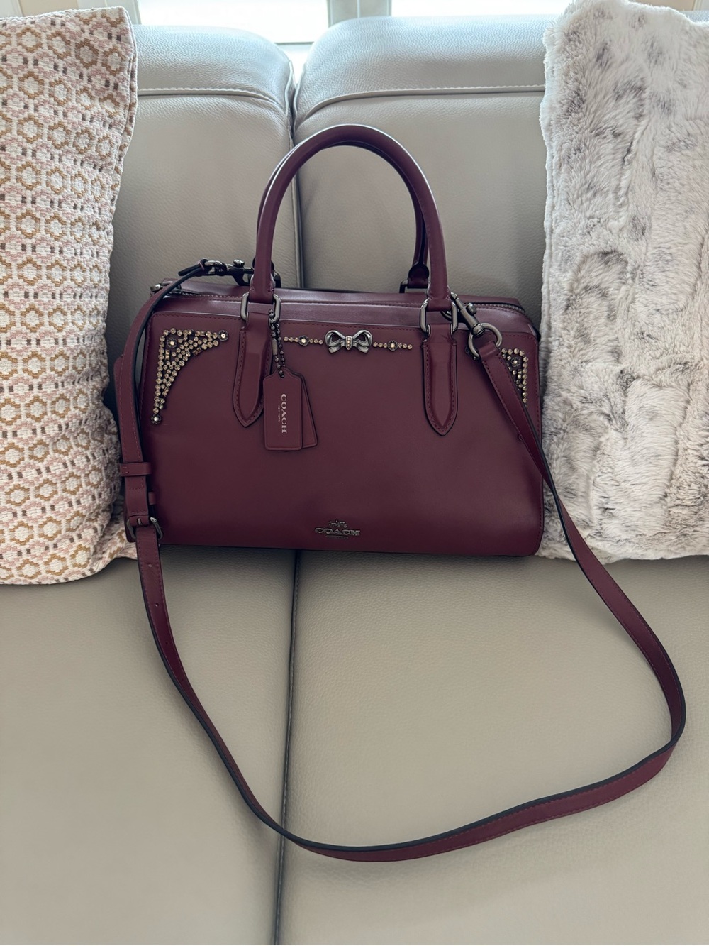 Coach Burgundy Bennett Satchel Rhinestone w/ Bow Top Handbag Ltd Ed Selena Gomez
